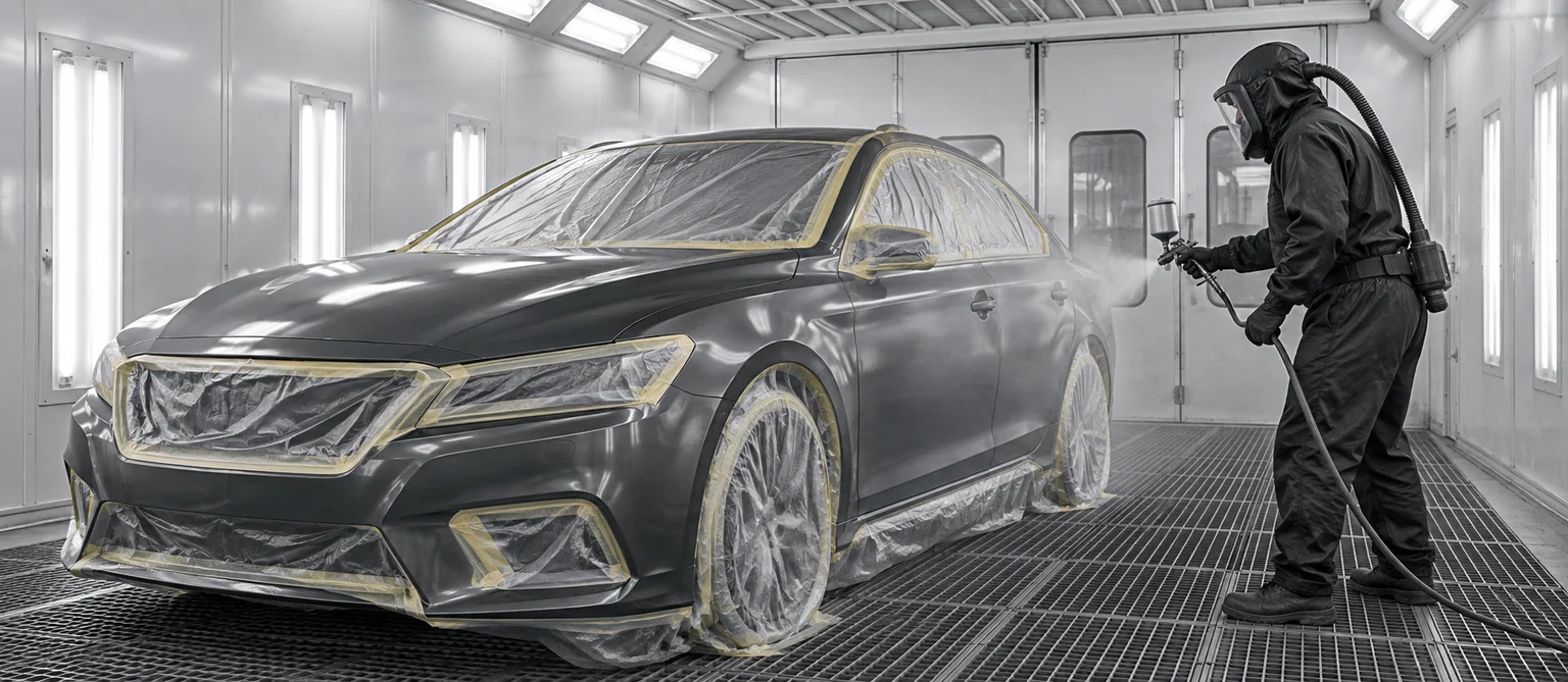 Illustrative vehicle refinishing scene inside a paint booth