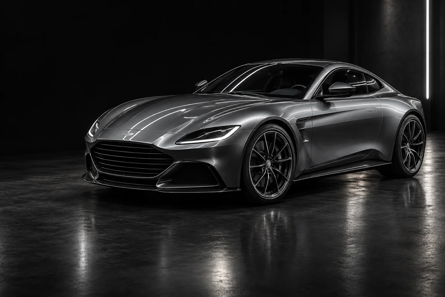 Illustrative studio photograph of a graphite sports coupe with a polished finish