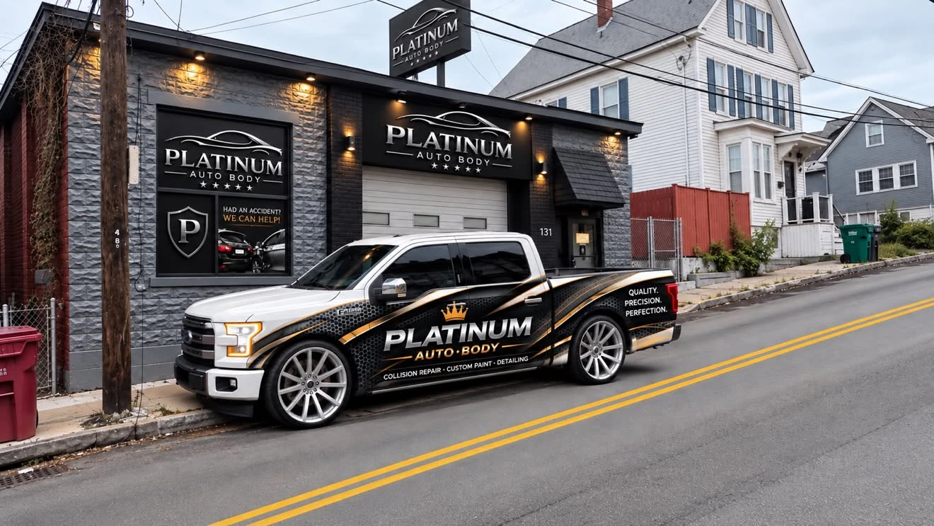 Platinum Auto Body storefront with a branded pickup truck parked outside