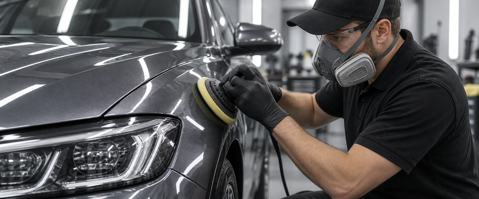 Illustrative close-up of a technician polishing graphite paintwork